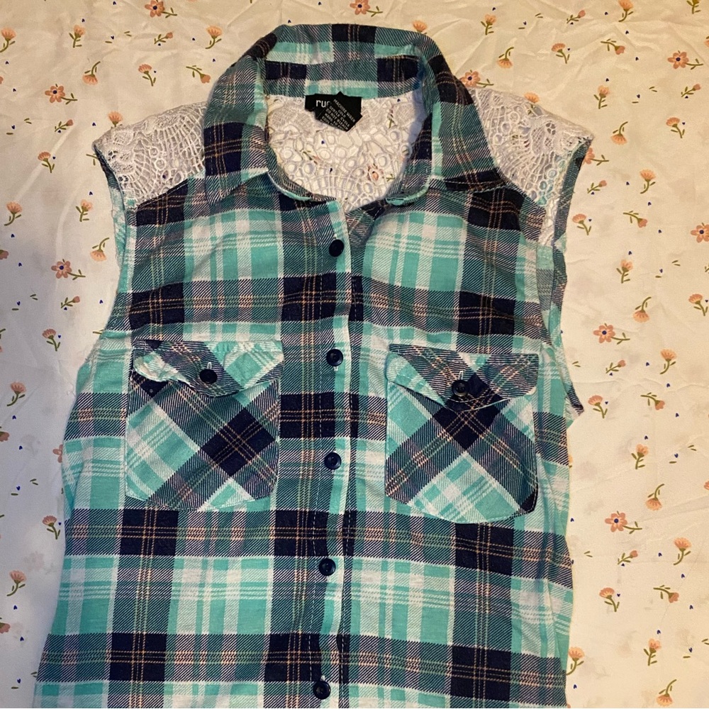Teal Plaid Lace Detail Vest